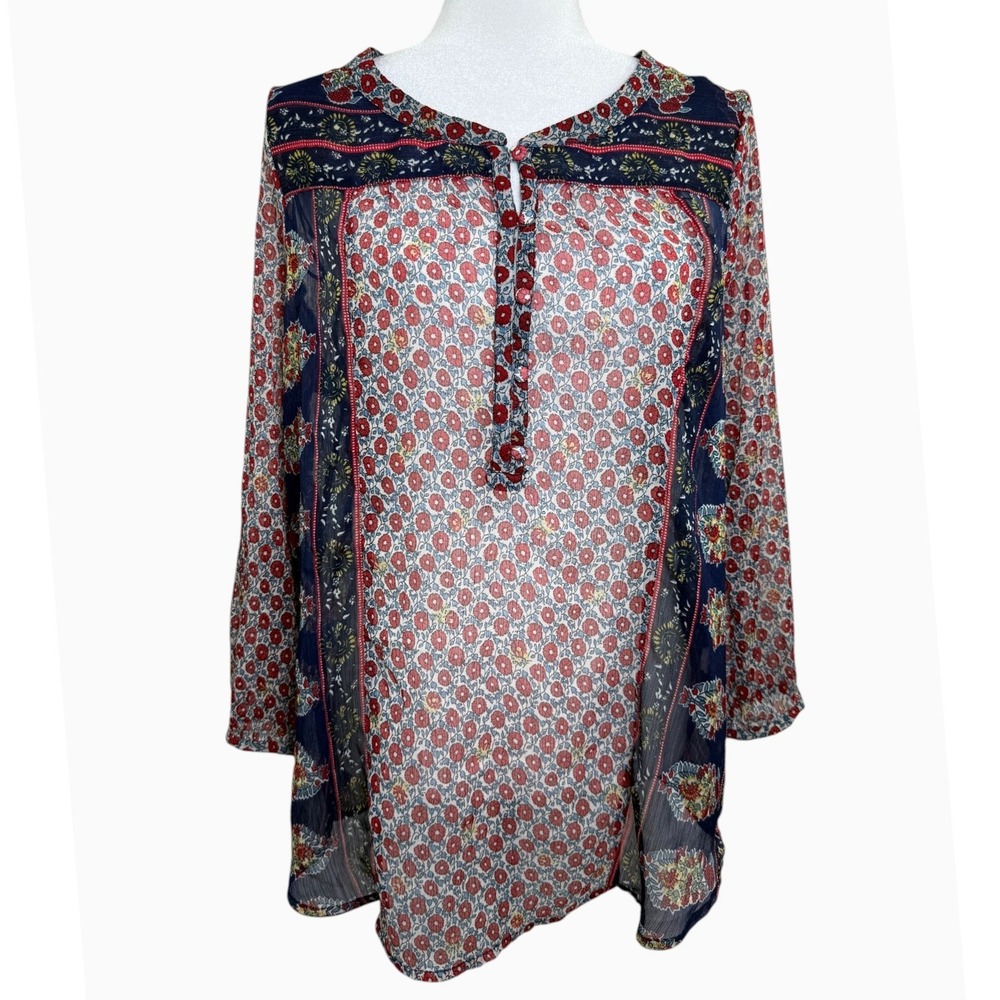 Lucky Brand Women's Sheer Floral Boho Blouse Size L Button Front Lightweight
